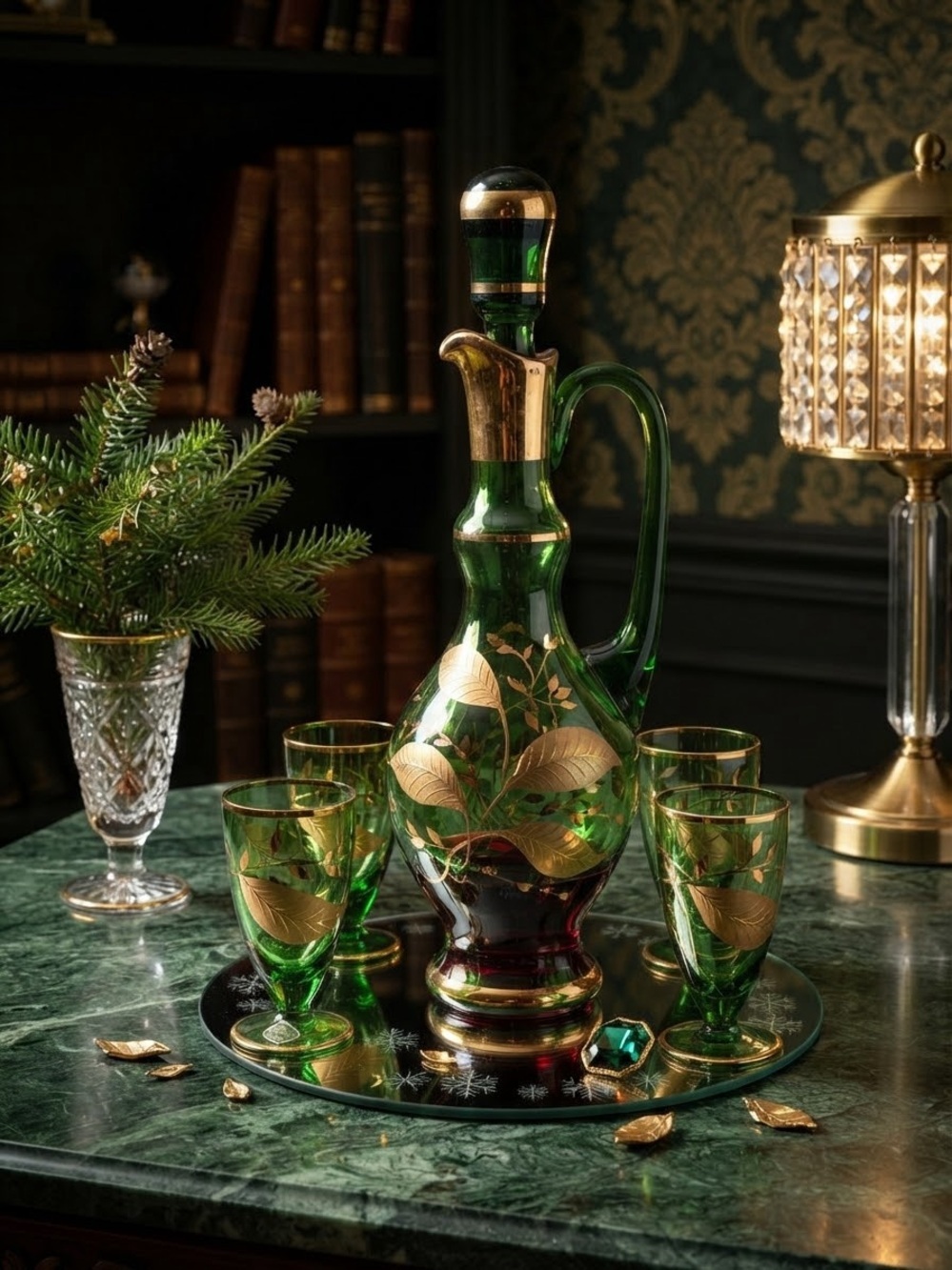 1950 Vintage Hand Painted 24k Gold Vibrant Green Romanian Decanter And 5 Glasses